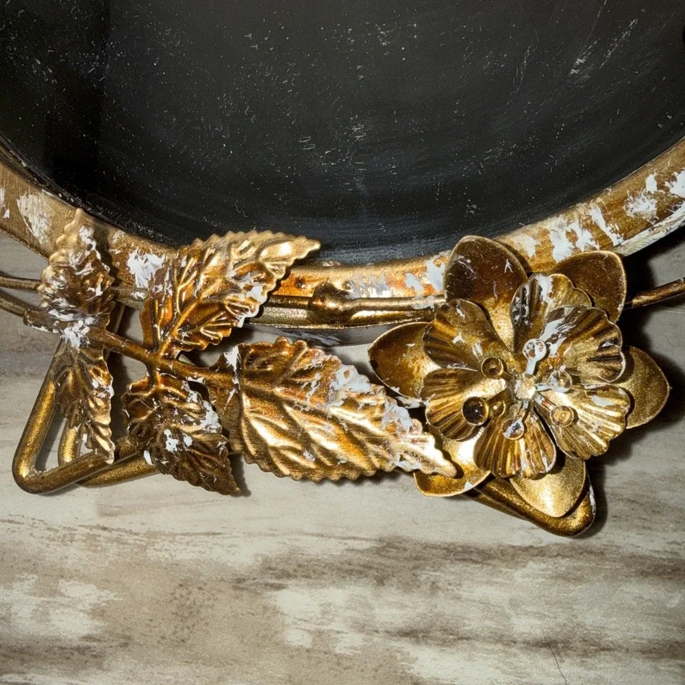 Vintage Ornate Metal Gold Floral Ivy Round Mirror Hanging Table Top Frame 11 In